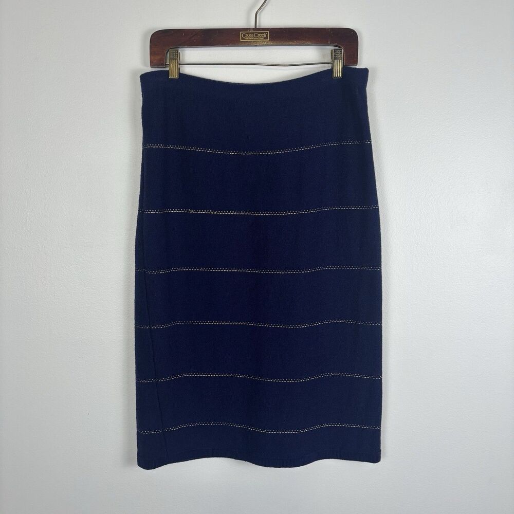 VTG Aya Bendat Womens 16 Wool Rayon Blend Midi Pencil Skirt Navy Gold Stretch